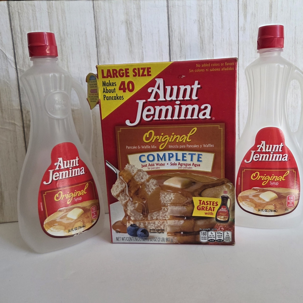 Aunt Jemima Pancake Mix Box And Two Syrup Bottles